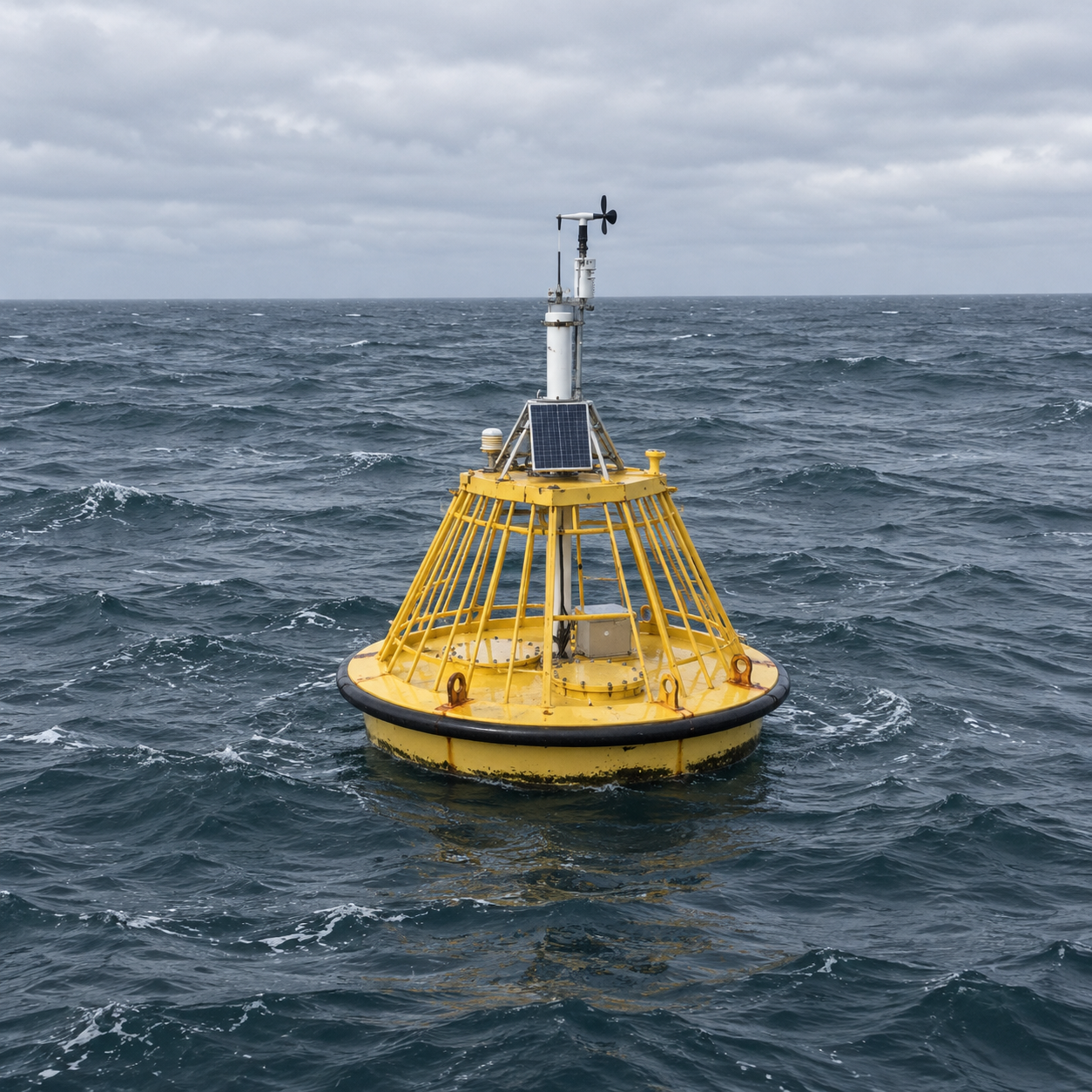 A wide flat yellow disc buoy riding low in grey-green swell, its deck enclosed by a cage of yellow steel bars with a solar panel and a wind sensor on top, alone in open water.