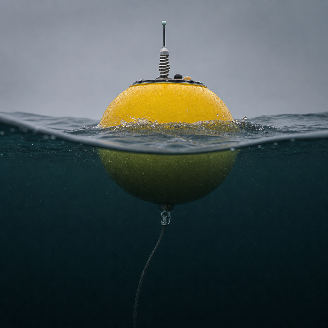 A yellow wave buoy at the surface photographed half above and half below the waterline, its mooring line running down into dark green water.