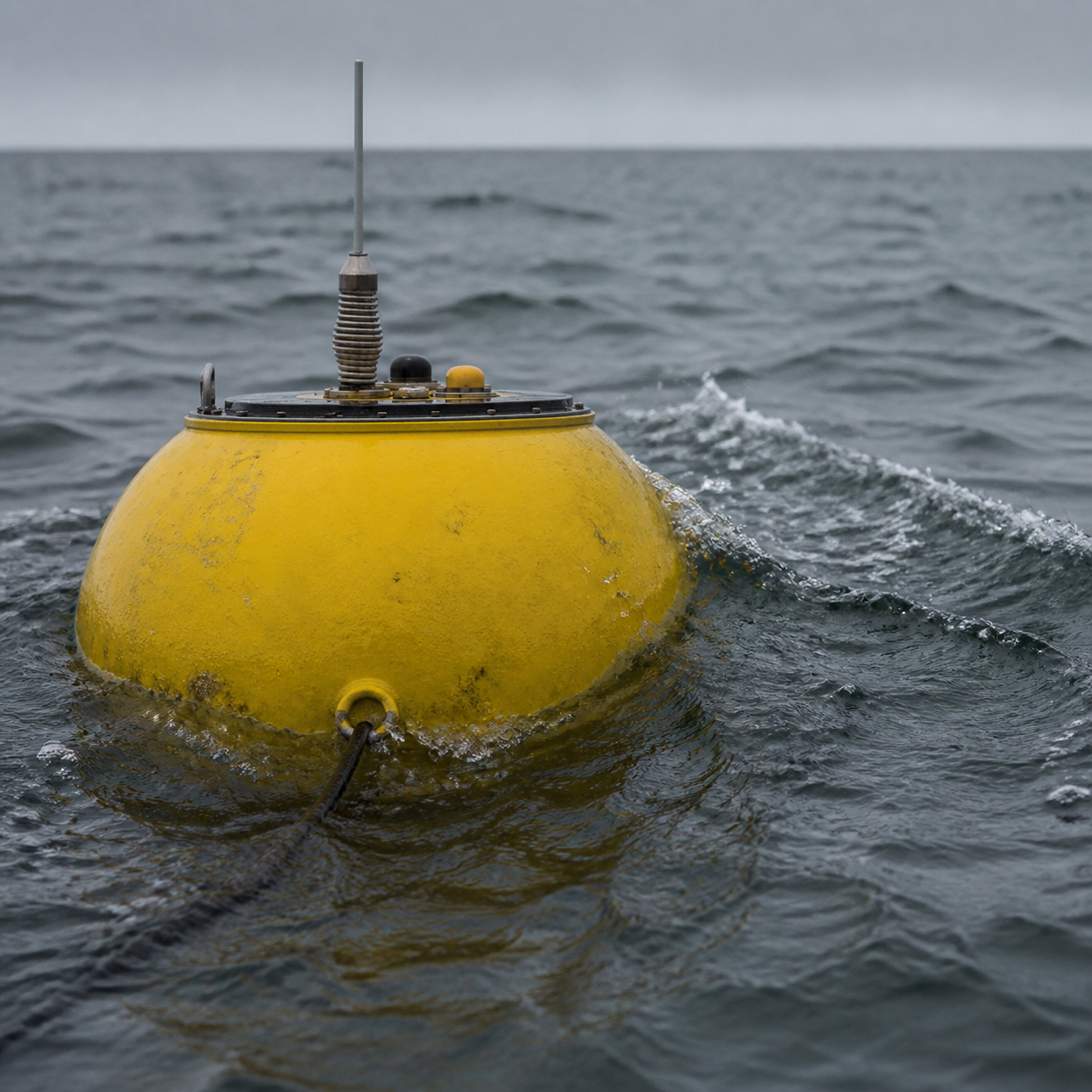 A yellow spherical wave buoy low in grey-green chop, a whip antenna on top and a mooring line leaving the hull.