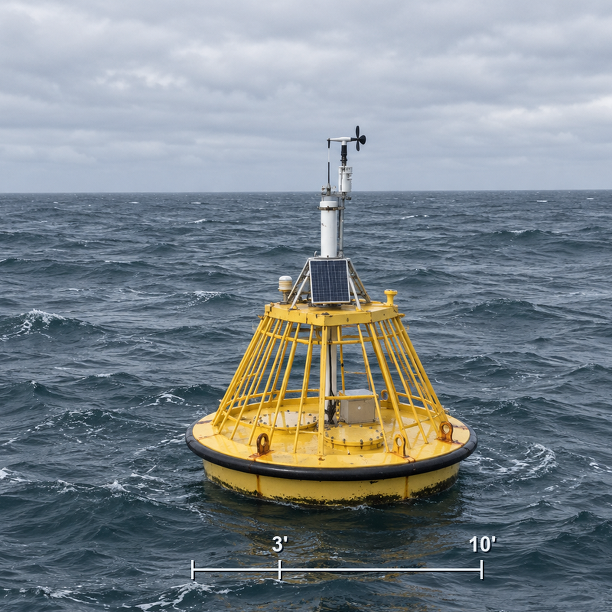 The 10 ft caged yellow disc buoy filling much more of its frame than the sphere beside it, with a scale bar marked 3 feet and 10 feet beneath it.