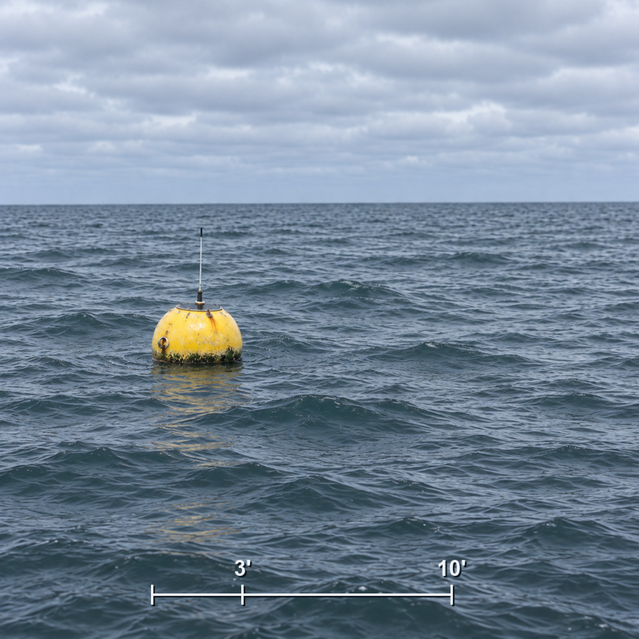 The 3 ft yellow sphere small in a wide stretch of open grey-green water, with a scale bar marked 3 feet and 10 feet beneath it.