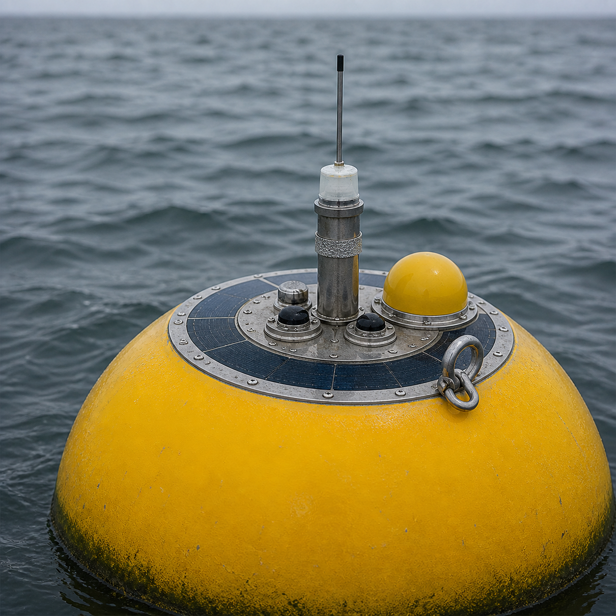 The upper hemisphere of a yellow buoy at sea, carrying a whip antenna on a mast, a domed GPS receiver and a ring of dark solar cells set into the deck.