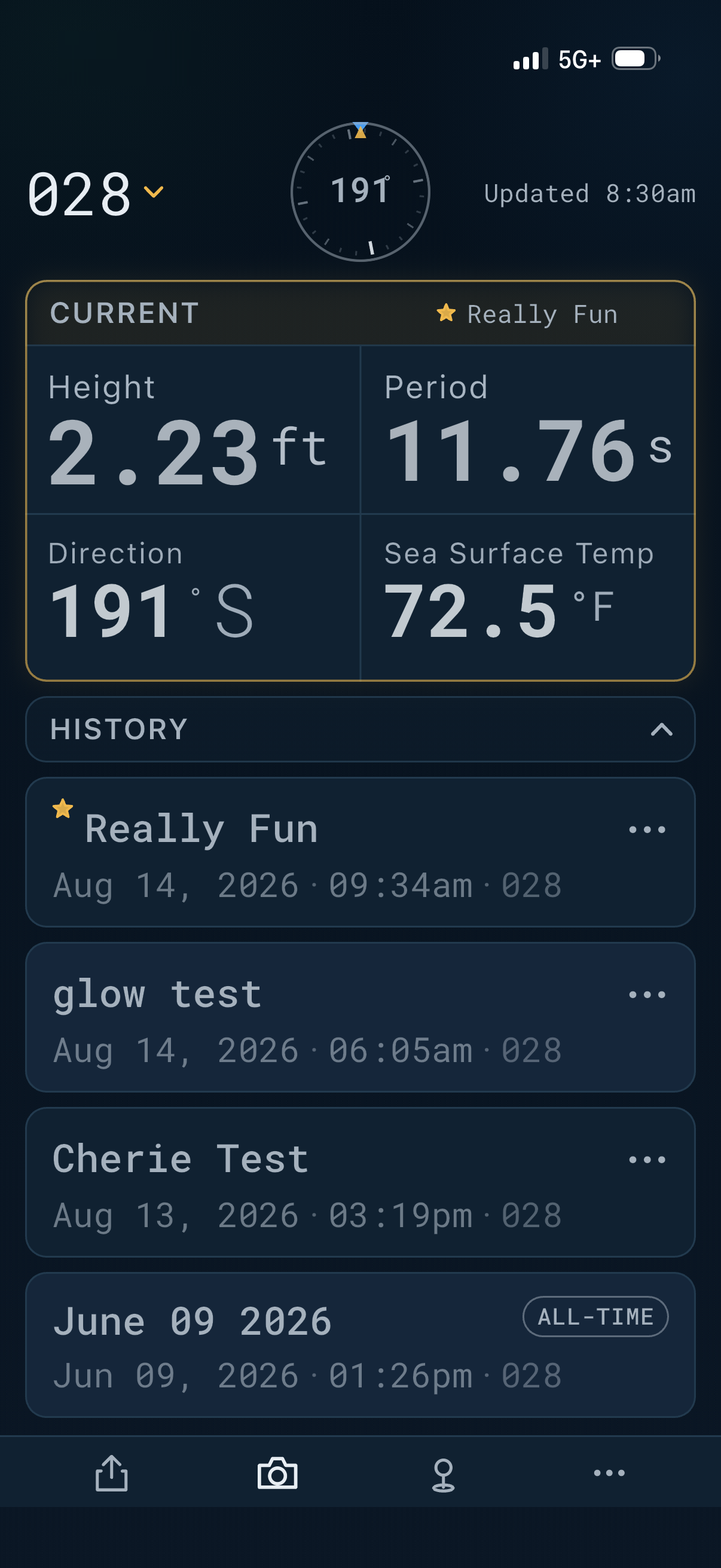 Wave Whisperer: CURRENT glowing amber with a star and the name Really Fun because the buoy reads the same as that saved day, above the history list; live compass at 191 degrees